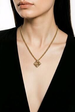 Givenchy Vintage G Logo Diamond Pendant Rhinestone Necklace Gold Tone